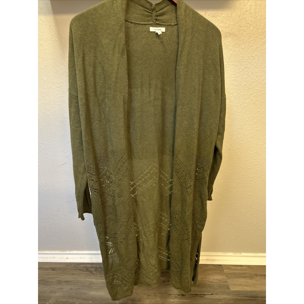 Maurice's Open Knit Cardigan Duster Crochet Women Size L Forest Green 56% Cotton